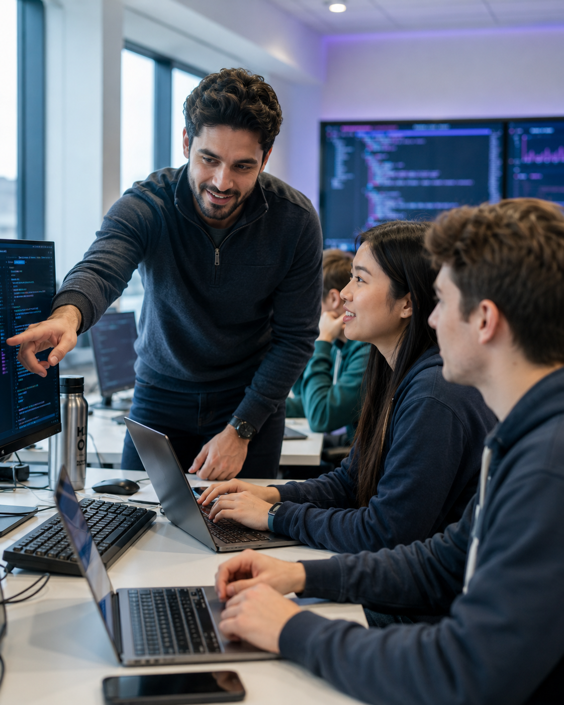 Students learning cybersecurity with an instructor
